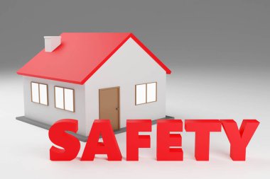 Luxury red inscription safety on grey podium, soft light, front view smooth background, 3d rendering