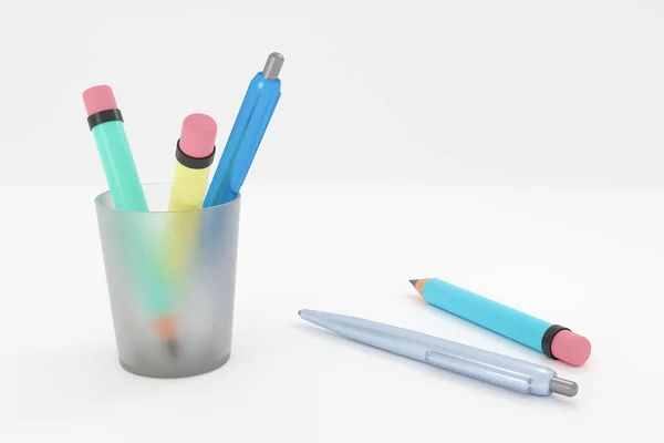 白色背景下的玻璃蓝色铅笔和钢笔分类学习用品的三维渲染说明 — 图库照片