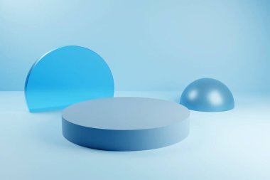 Geometrik formlarla soyut asgari sahne. Açık mavi renkli sütun podyumları. Ürünleri göstermek için sahneyi düzenleyin. Vitrin, vitrin, vitrin. 3d oluşturma