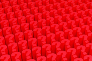 Kırmızı podyumda lüks soru işareti, yumuşak ışık, pürüzsüz arkaplan, 3d üst görünüm