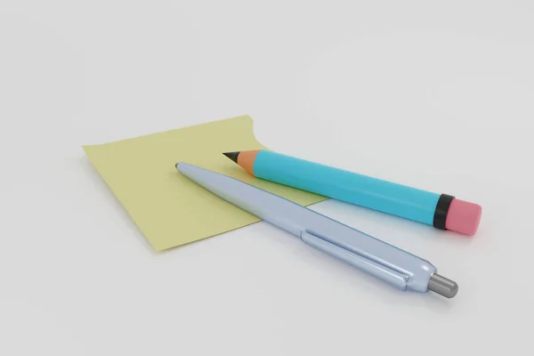Render Illustration Assorted School Supplies Blue Pencil Pen Light Background — Stock Photo, Image