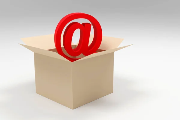 段ボール箱に3Dレンダリングされた赤い電子メールサイン最小コンセプト3Dレンダリングイラスト — ストック写真