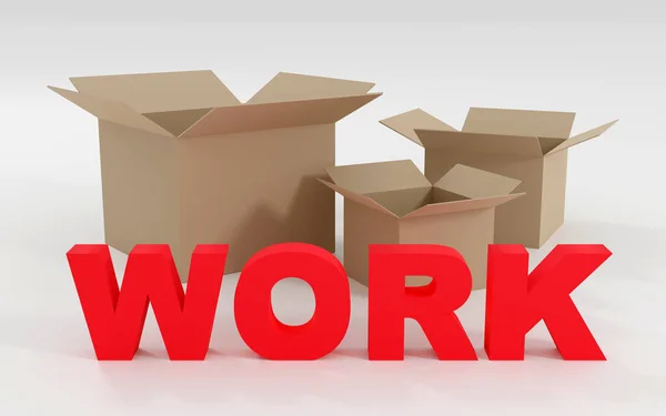 3d render cardboard boxes with red text saying work near them simple concept