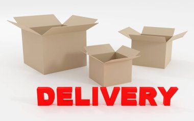 Boş kutuların yanında 3D çizim imzası teslimatı. Basit minimalizm kavramı. Basit minimalizm konsepti, 3D illüstrasyon