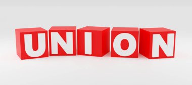 Kırmızı küpler 3d render işareti Union illüstrasyon diyor
