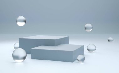 Geometrik formlarla soyut asgari sahne. Açık mavi renkli sütun podyumları. Ürünleri göstermek için sahneyi düzenleyin. Vitrin, vitrin, vitrin. 3d oluşturma
