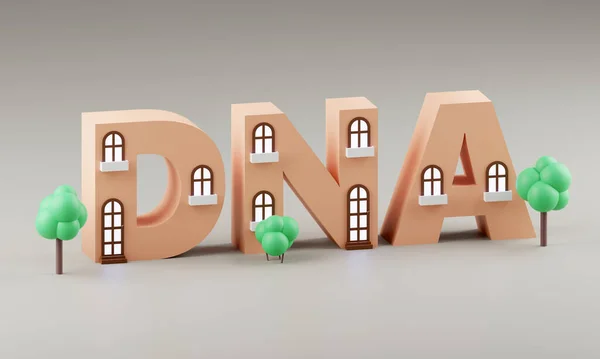 3d render DNA symbol made by tiny houses and light background. Simple minimalism concept. Simple minimalism concept, 3d illustration