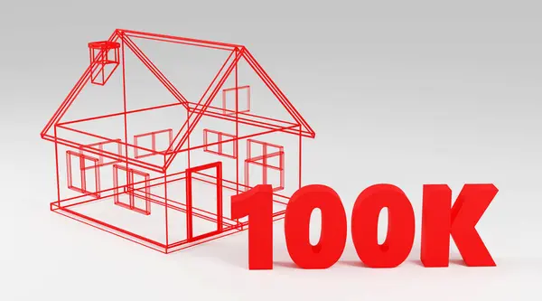 Luxe Rood Bord 100K Grijs Podium Met Wireframe Huis Zacht — Stockfoto