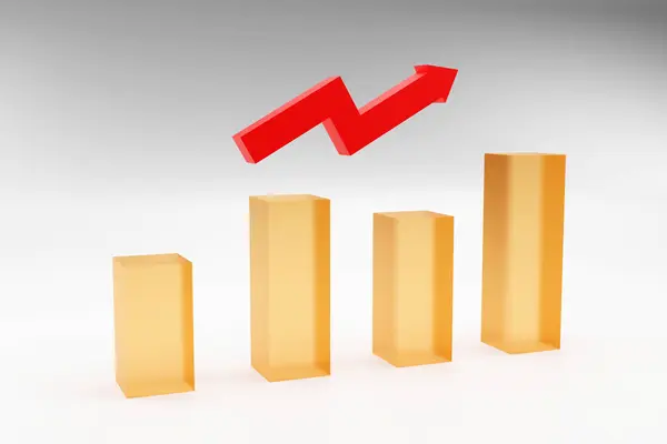 Business Growth Bar Graph and red Curved arrow. Simple 3D Render Illustration