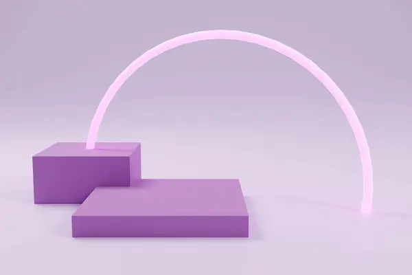 Abstract minimal scene with geometrical forms. Podium in purple color with glowing arc Mock up scene to show products. Showcase, shopfront, display case. 3d rendering