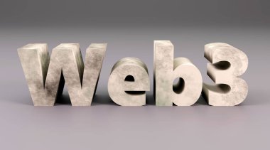 Gri podyum üzerinde lüks beton yazıt web 3, yumuşak ışık, ön manzara pürüzsüz arkaplan, 3D görüntüleme