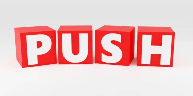 Beyaz podyuma lüks kırmızı yazıt itme, yumuşak ışık, ön görünüm pürüzsüz arkaplan, 3d görüntüleme