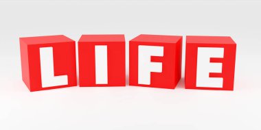 Kırmızı küplerde ve ışık arkaplanında 3D işaretleme ömrü. Basit minimalizm kavramı. Basit minimalizm konsepti, 3D illüstrasyon