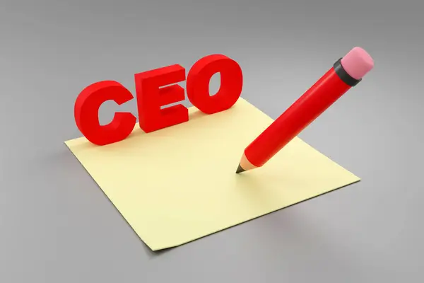 Gri podyumun lüks kırmızı yazı CEO 'su, yumuşak ışık, ön manzara pürüzsüz arkaplan, 3D görüntüleme