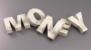 Gri podyumda lüks beton yazı parası, yumuşak ışık, ön manzara pürüzsüz arkaplan, 3D görüntüleme