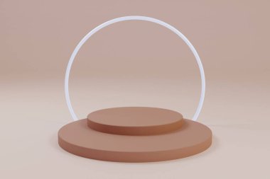 Geometrik formlarla soyut asgari sahne. Açık bej renkli camlı podyum. Ürünleri göstermek için sahneyi düzenleyin. Vitrin, vitrin, vitrin. 3d oluşturma