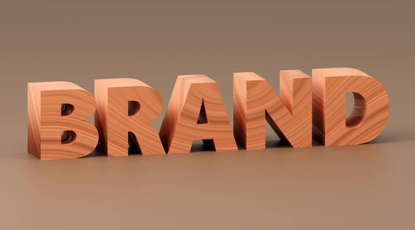 Роскошная деревянная надпись бренда на сером подиуме, мягкий свет, гладкий фон с видом спереди, 3D рендеринг