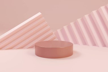 Geometrik formlarla soyut asgari sahne. Açık bej renkli podyum. Ürünleri göstermek için sahneyi düzenleyin. Vitrin, vitrin, vitrin. 3d oluşturma