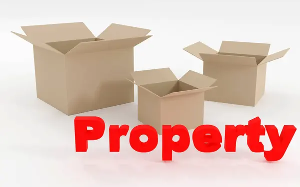 Words property placed over empty boxes 3d rendering illustration