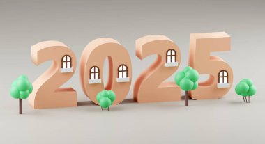 Gri arka planda 3D şirin evler 2025 yazıyor. 3B Resim Hazırlama