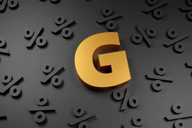 Golden inscription percent on grey podium, soft light, front view smooth background, 3d rendering