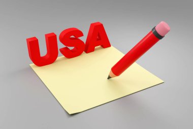 Gri podyumdaki lüks kırmızı yazı ABD, yumuşak ışık, öngörünüm pürüzsüz arkaplan, 3D görüntüleme