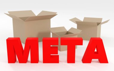 Hafif podyumda 3d oluşturulmuş kırmızı işaret Meta, yumuşak ışık, pürüzsüz arkaplan, 3d resimleme