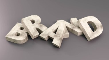 Gri podyumdaki lüks beton yazı markası, yumuşak ışık, öngörünüm pürüzsüz arkaplan, 3D görüntüleme