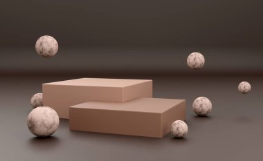 Geometrik formlarla soyut asgari sahne. Kahverengi podyum. Ürünleri göstermek için sahneyi düzenleyin. Vitrin, vitrin, vitrin. 3d oluşturma