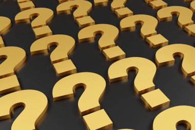 Siyah podyumda lüks altın yazıt soru işareti, yumuşak ışık, öngörünüm pürüzsüz arkaplan, 3d görüntüleme