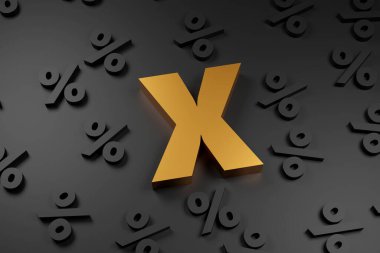 Golden inscription percent on grey podium, soft light, front view smooth background, 3d rendering