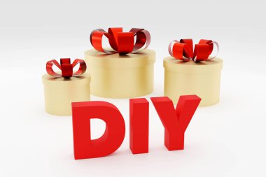 Altın hediye kutuları, yumuşak ışık, pürüzsüz arkaplan, 3D resimleme ile gri podyumda lüks kırmızı yazılar.