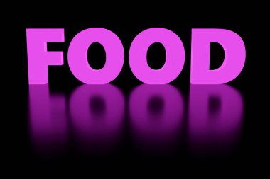 Siyah podyumda parlak mor yazıtlı yiyecek, yumuşak ışık, ön manzara pürüzsüz arkaplan, 3D görüntüleme