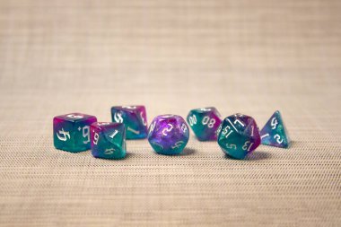 Set of dice for fantasy dnd and rpg tabletop games. Board game polyhedral dices with different sides isolated on white background