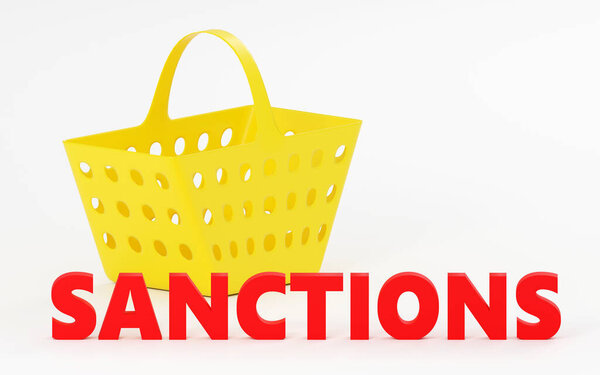 Роскошная красная надпись санкции на сером подиуме желтая корзина для покупок, мягкий свет, вид спереди гладкий фон, 3D рендеринг