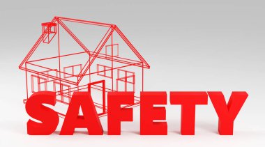 Gri podyumda lüks kırmızı beton yazıt güvenliği, yumuşak ışık, öngörünüm pürüzsüz arkaplan, 3D görüntüleme