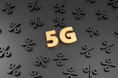 Lüks altın yazıtlar siyah podyumda 5g, yumuşak ışık, ön manzara pürüzsüz arkaplan, 3d görüntüleme