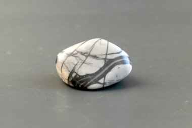 Bir küçük doğal Jasper Picasso taşı, mor kağıttan arka plan görünümlü kahverengi ve gri