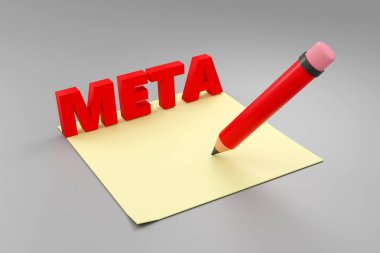 Gri podyumda 3D imzalı Meta, yumuşak ışık, pürüzsüz arkaplan, 3d resimleme