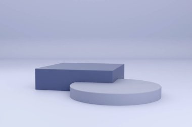 Geometrik formlarla soyut asgari sahne. Gri mavi renkli podyum. Ürünleri göstermek için sahneyi düzenleyin. Vitrin, vitrin, vitrin. 3d oluşturma