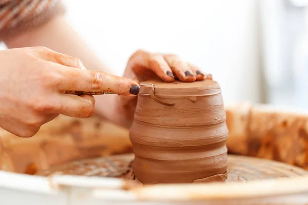 Cropped Close Image Womans Hands Molding Clay Making Clay Pottery — Foto Stock