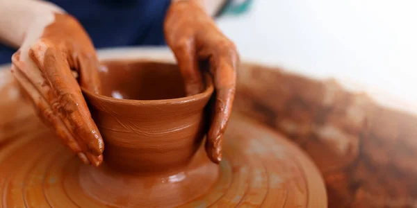 Master Making Pot Pottery Wheel Banner — Stock Photo, Image