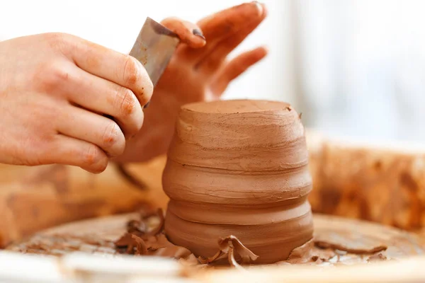Cropped Close Image Woman Hands Molding Clay Making Clay Pottery — Stock Photo, Image