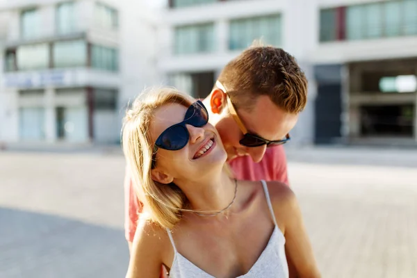 Lovely Happy Couple Hugs Together Smile Sunset Light Wearing Glasses Royalty Free Stock Photos