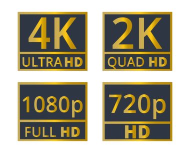 Golden set of resolution symbols. 2k, 4k, 1080p y 720p signs. Vector illustration