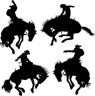 vector image of a set of silhouettes of cowboys on a wild horse mustang rodeo america