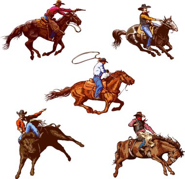 Vahşi bir at Mustang 'inin üzerinde oturan bir kovboy binicisi ve arka planda tahta tahtaların retro stiliyle yazılan rodeosu olan vektör afişi.