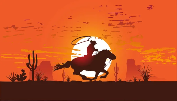 Vector Image Cowboy Horse Galloping Desert Sunse — 图库矢量图片