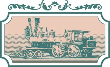 vector image of old steam locomotive of american transcontinental railways in vintage postcard style