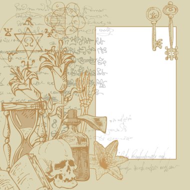 vector image of an old postcard with alchemical objects and formulas in the style of a vintage manuscript Can be used as wallpaper or wrapping paper